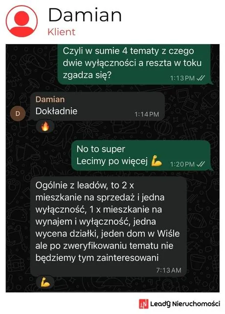 Opinia klienta Leady Nieruchomości, rozmowa WhatsApp o wynikach kampanii