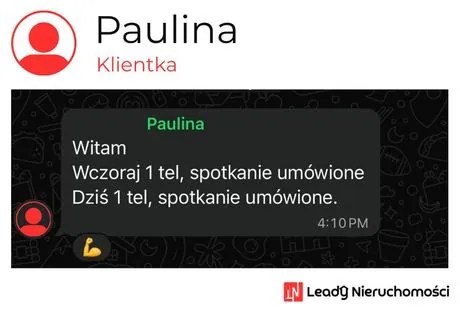 Opinia klienta Leady Nieruchomości, rozmowa WhatsApp o wynikach kampanii