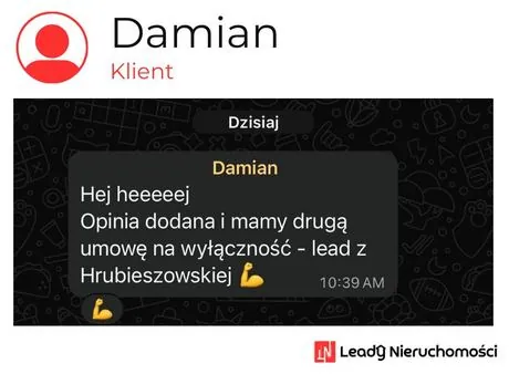 Opinia klienta Leady Nieruchomości, rozmowa WhatsApp o wynikach kampanii