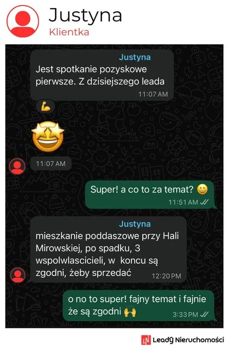 Opinia klienta Leady Nieruchomości, rozmowa WhatsApp o wynikach kampanii