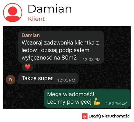 Opinia klienta Leady Nieruchomości, rozmowa WhatsApp o wynikach kampanii