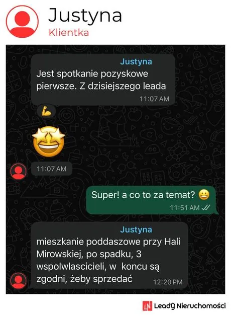 Opinia klienta Leady Nieruchomości, rozmowa WhatsApp o wynikach kampanii