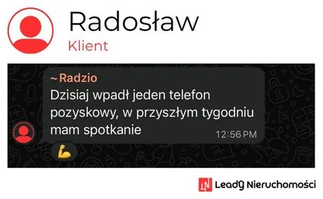 Opinia klienta Leady Nieruchomości, rozmowa WhatsApp o wynikach kampanii