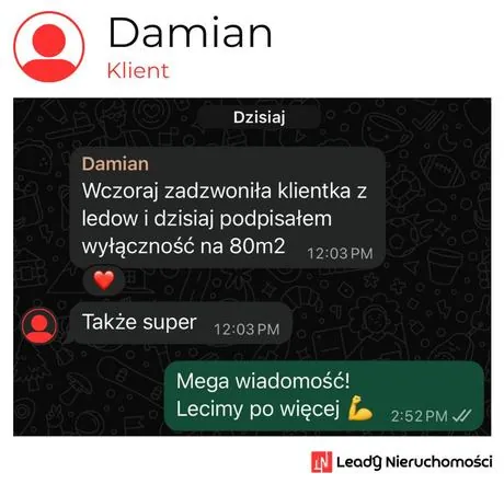 Opinia klienta Leady Nieruchomości, rozmowa WhatsApp o wynikach kampanii