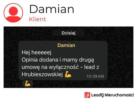 Opinia klienta Leady Nieruchomości, rozmowa WhatsApp o wynikach kampanii
