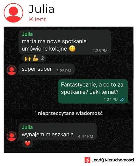 Opinia klienta Leady Nieruchomości, rozmowa WhatsApp o wynikach kampanii