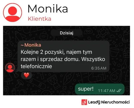 Opinia klienta Leady Nieruchomości, rozmowa WhatsApp o wynikach kampanii