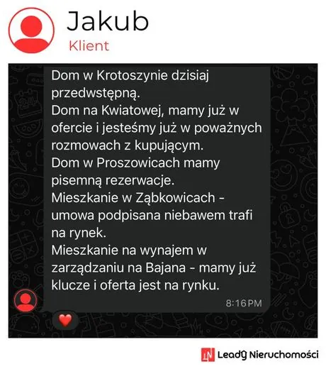 Opinia klienta Leady Nieruchomości, rozmowa WhatsApp o wynikach kampanii