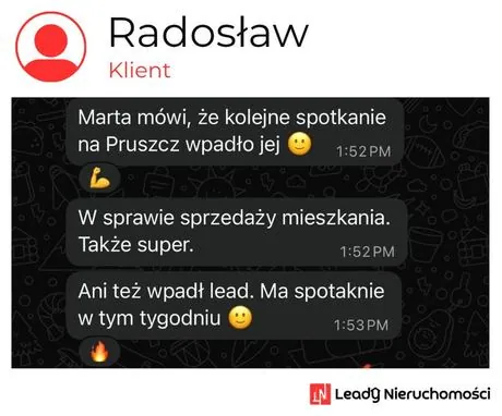 Opinia klienta Leady Nieruchomości, rozmowa WhatsApp o wynikach kampanii