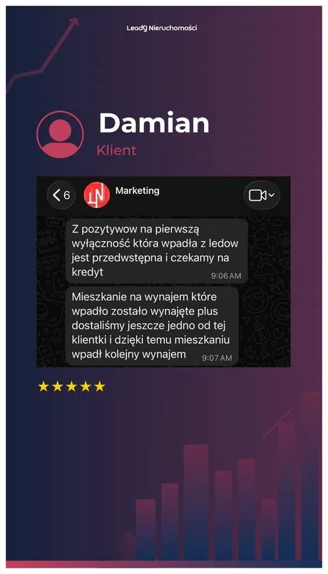 Opinia klienta Leady Nieruchomości, rozmowa WhatsApp o wynikach kampanii