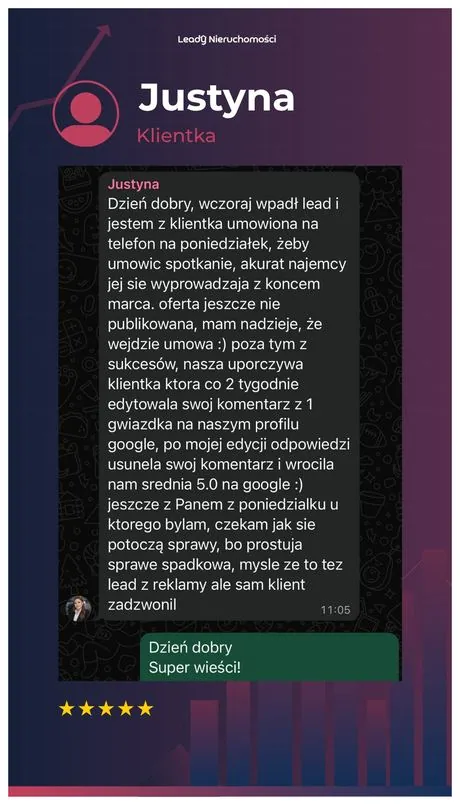 Opinia klienta Leady Nieruchomości, rozmowa WhatsApp o wynikach kampanii
