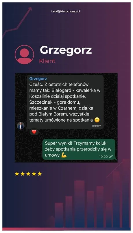 Opinia klienta Leady Nieruchomości, rozmowa WhatsApp o wynikach kampanii
