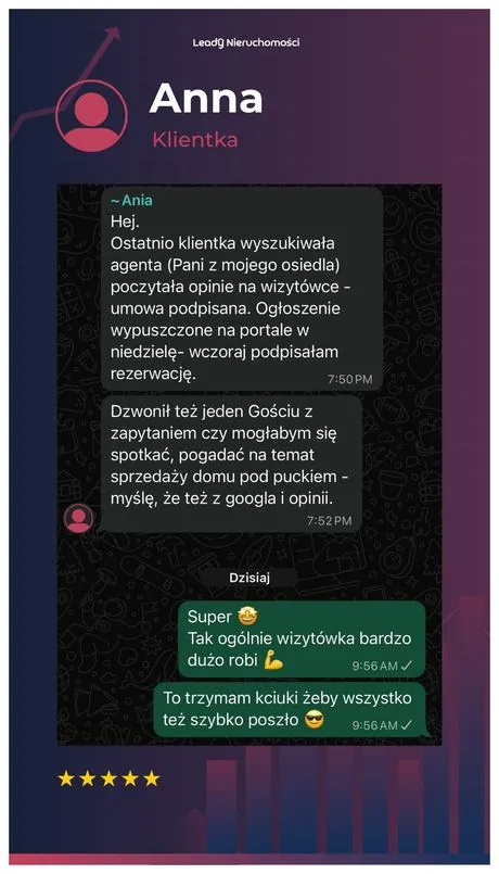 Opinia klienta Leady Nieruchomości, rozmowa WhatsApp o wynikach kampanii