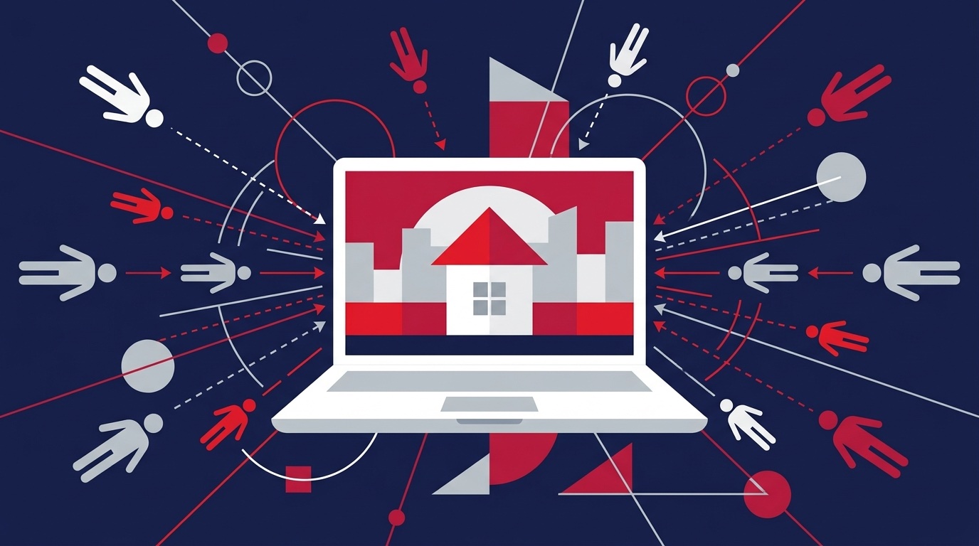 Laptop z reklamą nieruchomości przyciągający klientów: pozyskiwanie klientów online, ilustracja