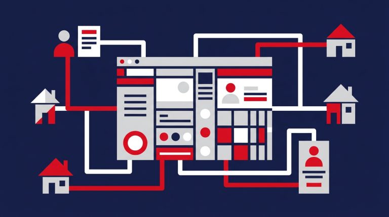 CRM dla biura nieruchomości: pulpit systemu z kartami kontaktów i ofertami, ilustracja