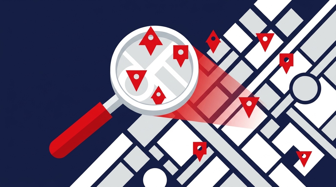 Pozysk nieruchomości: lupa nad mapą miasta z pinezkami ofert, ilustracja