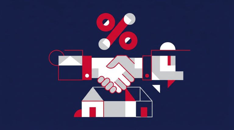 Prowizja biura nieruchomości: uścisk dłoni nad domem i symbol procentu, ilustracja