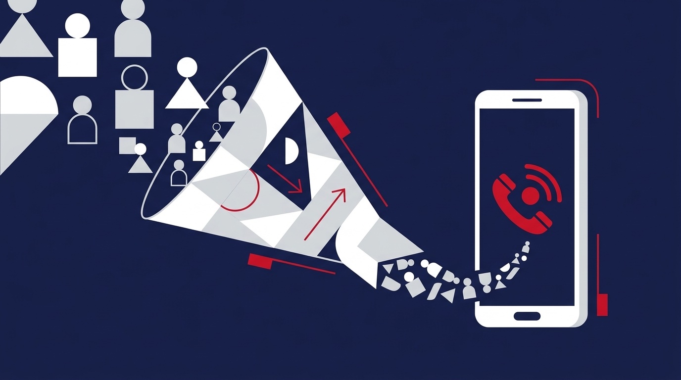 Generowanie leadów: lejek marketingowy zamieniający odbiorców w telefony od klientów, ilustracja