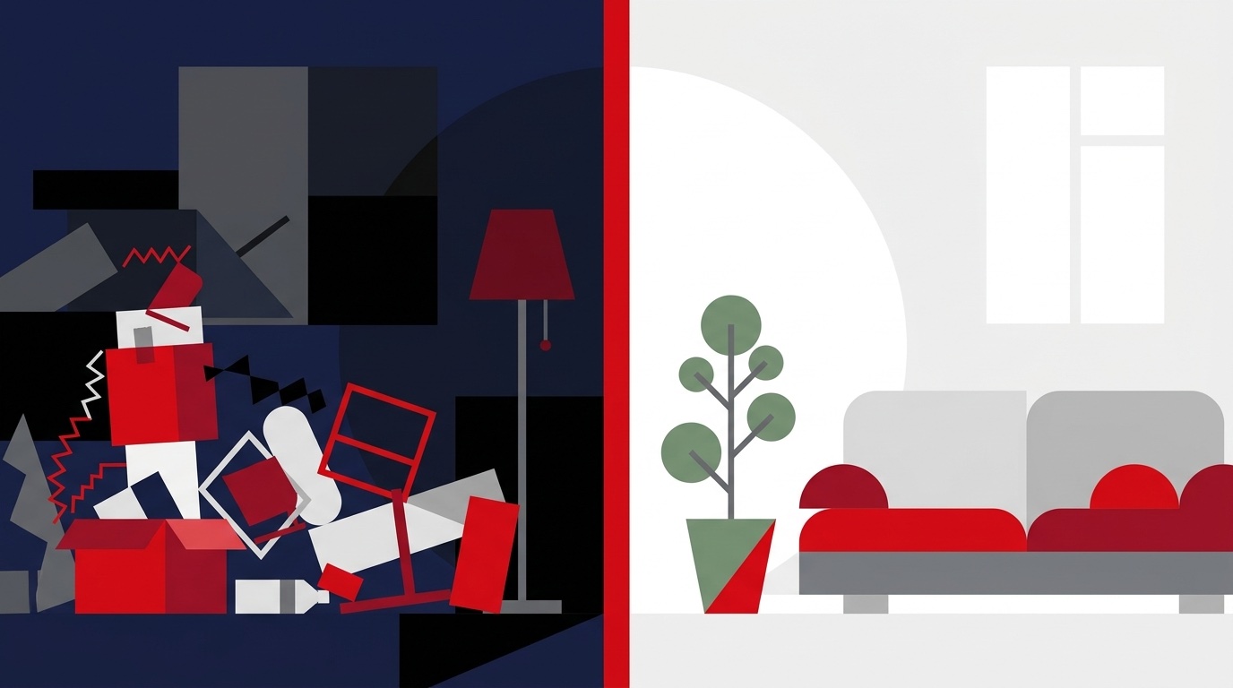 Home staging przed i po: zagracone wnętrze oraz jasny, wystylizowany salon gotowy do sprzedaży